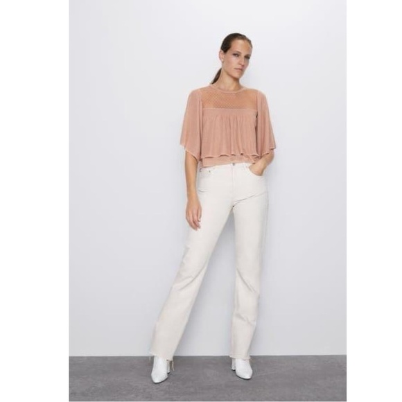 Zara Contrasting Ruffled Bell Sleeve Blush Nude Mesh Swiss Dot Top Blouse Small - Picture 6 of 15